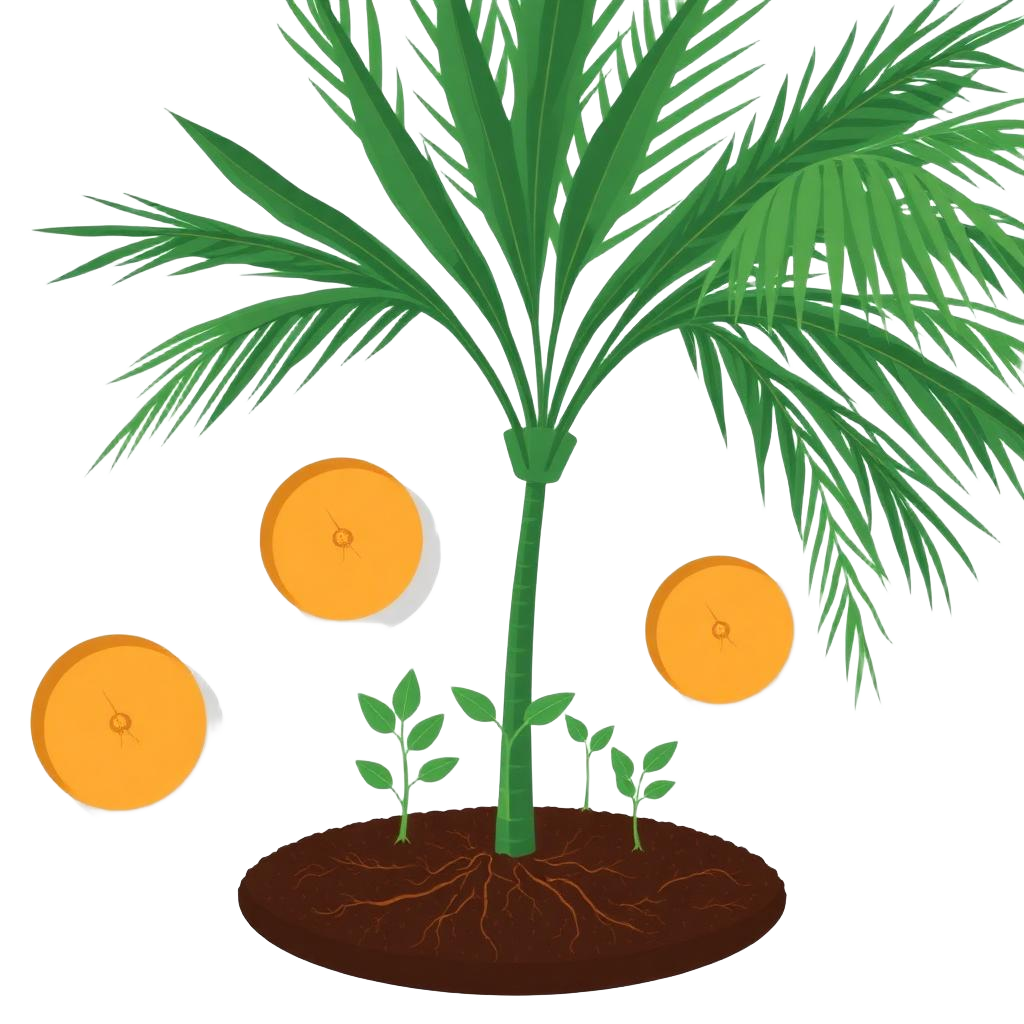 Illustration of areca palm leaves becoming plates and returning to soil
