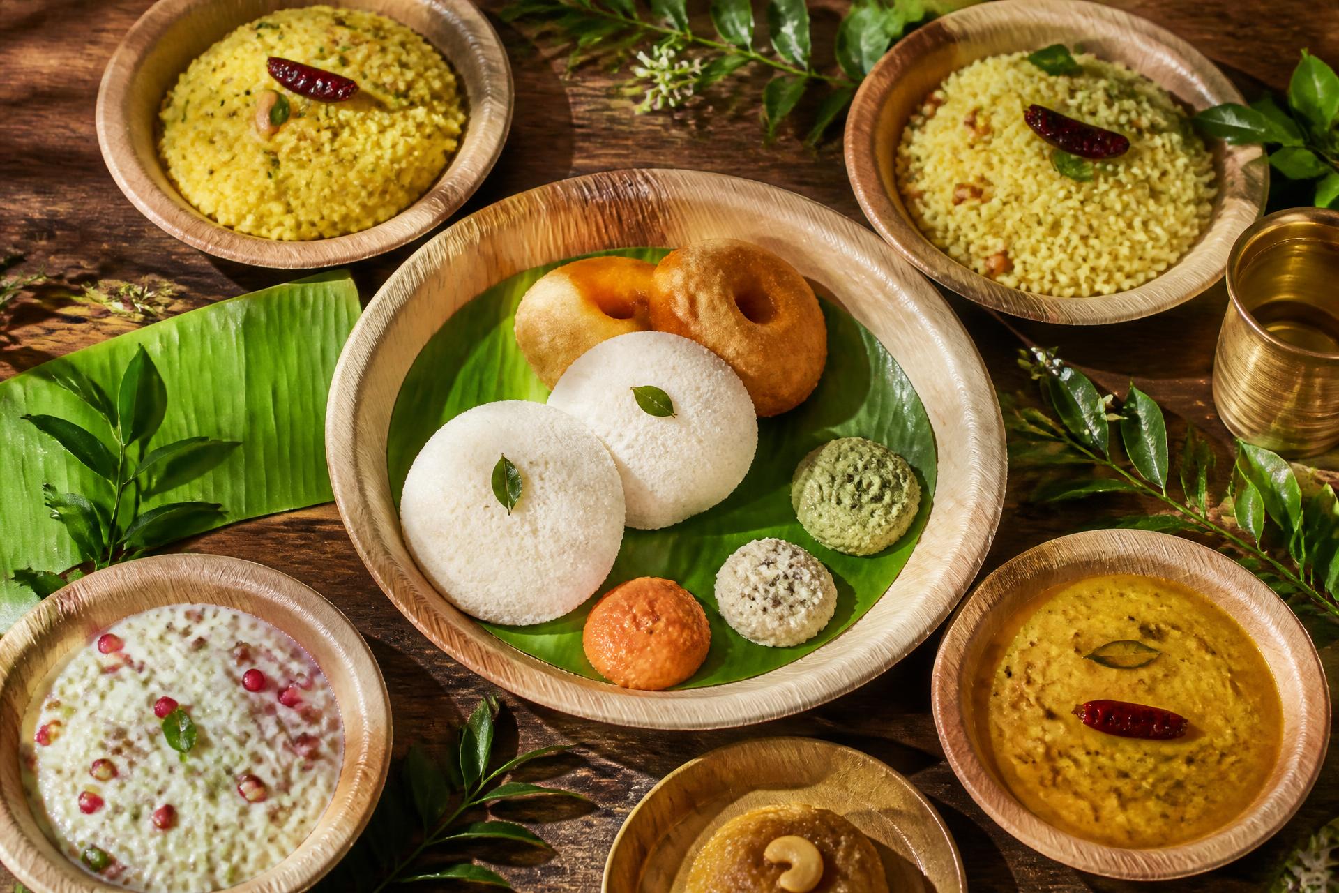 Natural areca leaf plates served with South Indian food