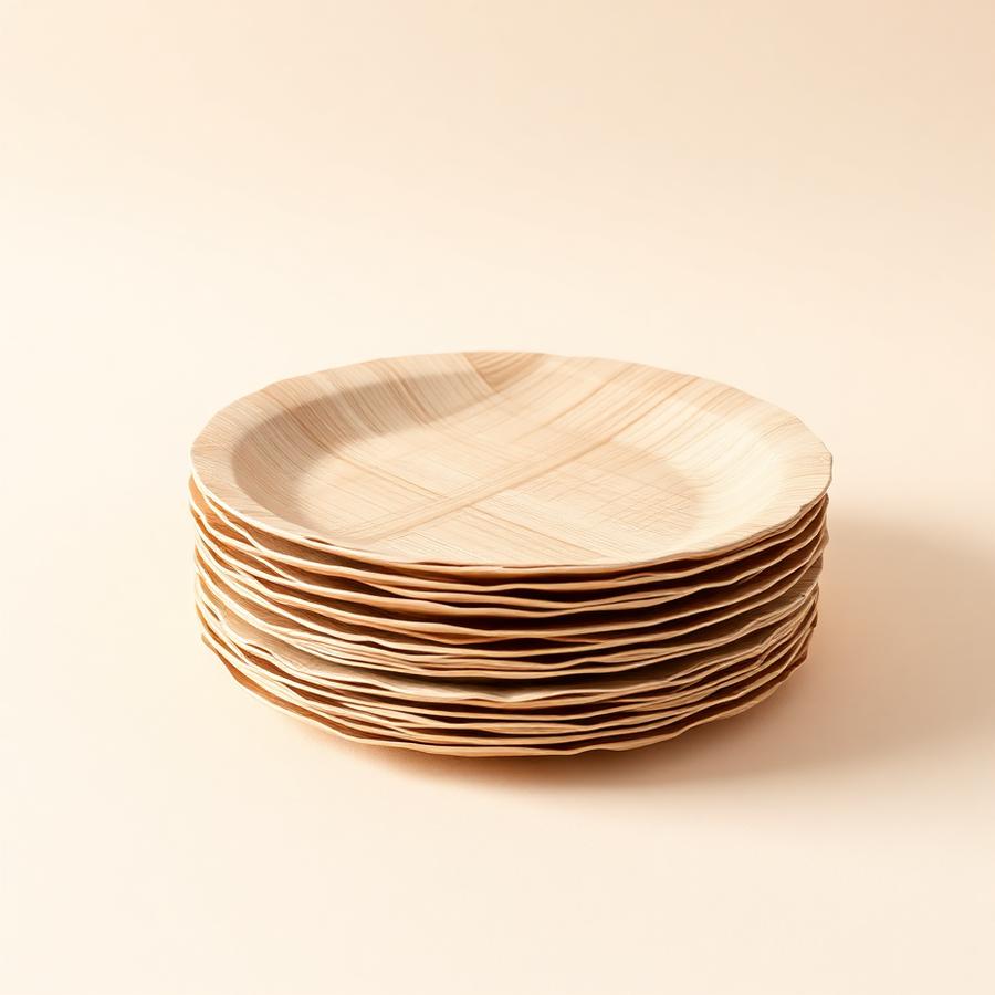 Stack of natural areca leaf plates manufactured in Coimbatore